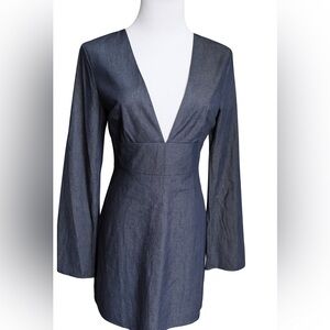NWT Honey Punch Denim Deep-V Bell Sleeve Mini Dress – Size S